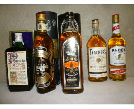 One bottle Pinwinnie Royale 12 year old Scotch, bagged and boxed, one litre Bushmills Black Bush Special Old Irish (boxed), o
