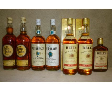 Two litres Long John Finest Scotch, two litres Muirheads Blended, two bottles (boxed) and one half bottle Bell's Extra Specia
