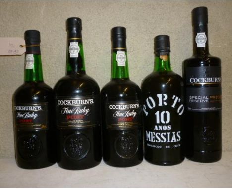 One bottle Porto Messias 10 year old, one bottle Cockburns Special Reserve, three bottles Cockburns Fine Ruby (5)