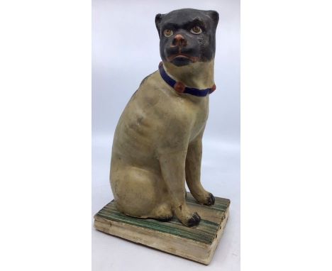Vintage Dog: possibly made from plaster/Papier-mâché resembling a Pug, and has previous repairs. Sits on a bellows box which 