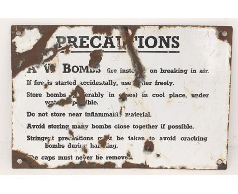 Advertising: A mid-20th century, 'Precautions' enamel sign, showing signs of heavy wear, with JRT 433D registration plate pai