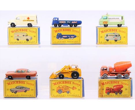 Matchbox: A collection of six boxed Matchbox vehicles to comprise: Lomas Ambulance, 14, box complete; Transport Truck, 20, bo