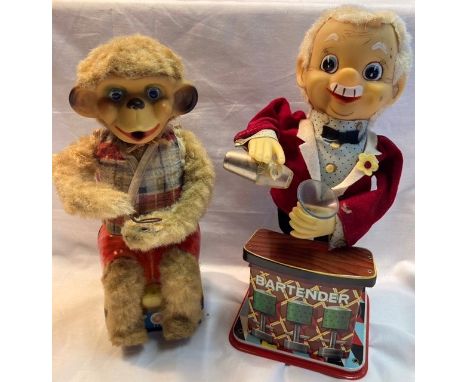 Tinplate: A vintage battery operated Bubble Blowing Monkey (bubble container missing), Made in Japan by Alps, working order; 