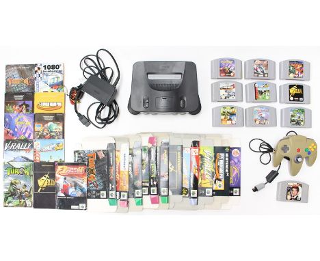 Nintendo: An unboxed Nintendo 64 console, with cables and one controller, together with nine boxed games: F1 Pole Position; E