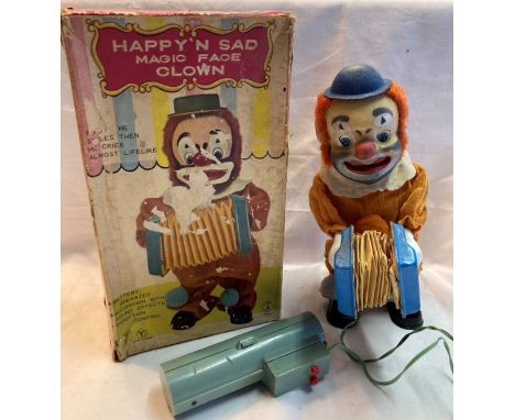 Tinplate: A vintage battery operated, remote control, Happy 'n' Sad Magic Face Clown, Made in Japan, in good working conditio