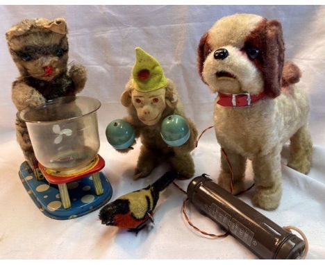 Tinplate: A vintage, battery operated cat with fish bowl with one fish, Alps, Japan, working (corrosion to battery box); toge