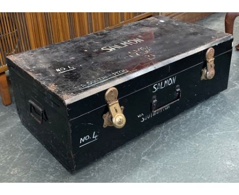A black painted metal travel trunk, marked Salmon no.4, with side carry handles, 91cmW 