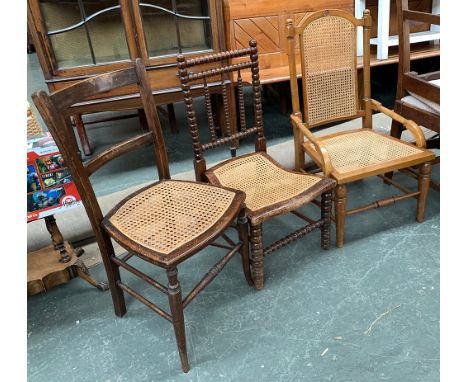 Three caned occasional chairs, one with bobbin turned back and legs 