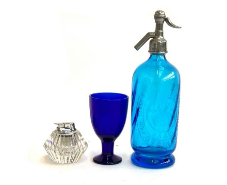 A Taylor &amp; Co. 1849 vintage blue glass soda siphon; together with a cobalt blue goblet and a cut glass table lighter 