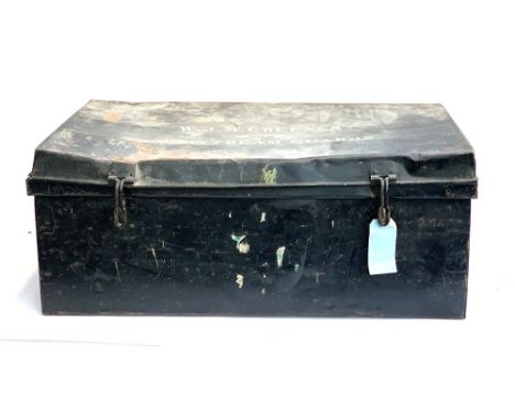 A black metal tin travel trunk, the top marked 'W.J.M Greener, Coldstream Guards', 92x53x37cm 