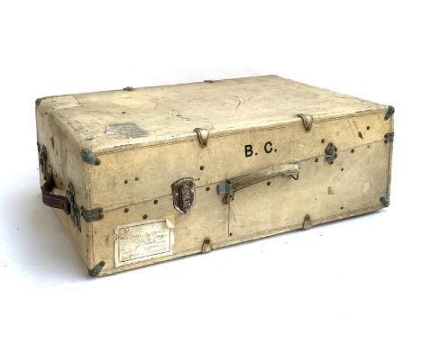 A vintage hide steamer trunk, with fitted interior, including clothes hangers and removable compartments, 76x50x26cm, monogra
