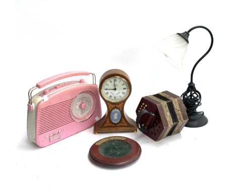 A mixed lot to include a melodeon, Cornitti mantel clock, vintage style Steepleton's radio etc 
