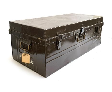 A brown painted metal travel trunk, each end marked W.H Earle, 91x45x34cm 