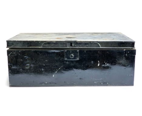 A black painted tin travel trunk, with brass plaque to top, twin loop handles, 85x41x31cm 