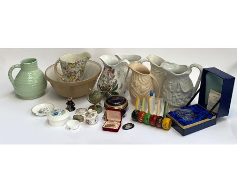 A mixed lot to include a silver Celtic knot design brooch; various jugs and other ceramics, including Wedwood, Limoges, Decor
