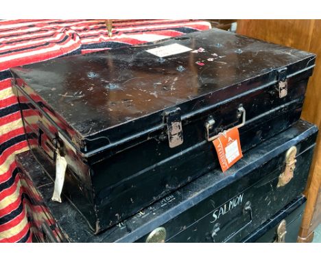 A black painted metal travel trunk, with loop carry handles, 81cmW 