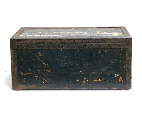 A tin lined pine and metal banded travel trunk, the top marked H.R Sykes, 96x50x43cm 