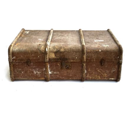 A canvas and wood banded travel trunk, marked D.W Vicary, with side carry handles, 90cmW 