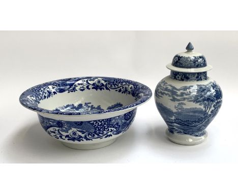 A Spode washbowl 36.5cmD; together with a blue and white lidded urn (2) 