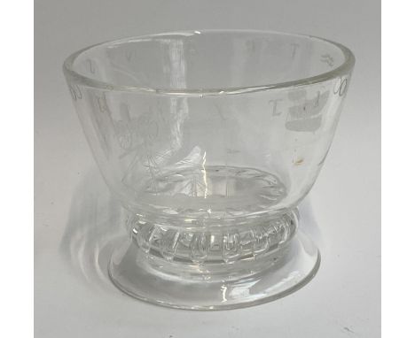 A Steuben glass bowl, 'Transportation', depicting various modes of transport, 15cmH; with protective Steuben bag 