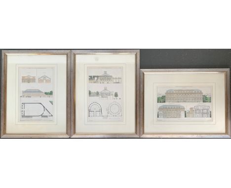 Three framed French architectural prints, hand coloured, each approx. 39x25cm 