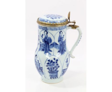 Late 17th century Chinese Kangxi blue and white and gilt metal mounted tankard and cover with moulded and painted figure and 