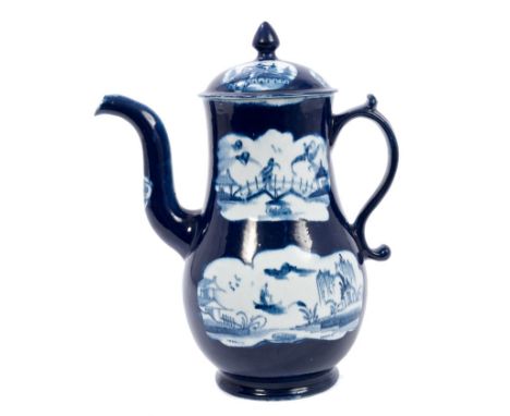 Mid-18th century Lowestoft blue and white coffee pot and cover with painted Chinese landscape reserves on dark blue ground, w