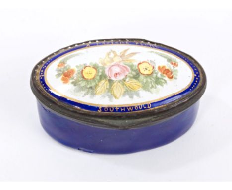 Fine early 19th century Staffordshire enamel lozenge-shaped snuff box with bird and floral decorated lid 'A present from Sout