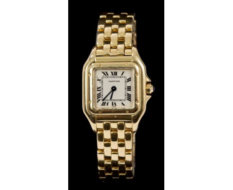 Ladies' Cartier 18ct gold Panthere bracelet watch with quartz movement, the square dial with black enamel Roman numerals with