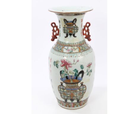Early 20th century Chinese export vase with pierced handles, polychrome vases of flowers and Chinese script decoration, 43cm 