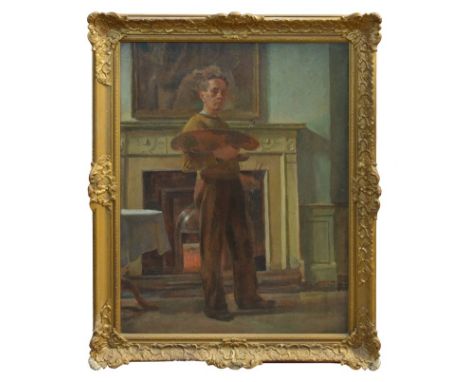 Follower of Edward Seago (1910 - 1974), oil on canvas - portrait of an artist and his palette before a fireplace, in gilt fra