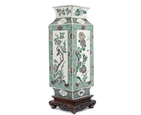 19th century Chinese famille verte vase of square form, painted with birds and insects in flowering trees and water scenes wi
