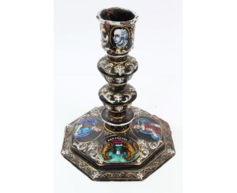 Antique French Limoges enamel candlestick in the Renaissance style, with polychrome painted coat of arms and mythological por