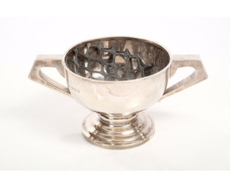 Early 20th century two-handled rose bowl of trophy form, with angular handles, on a circular pedestal foot (Birmingham 1912),