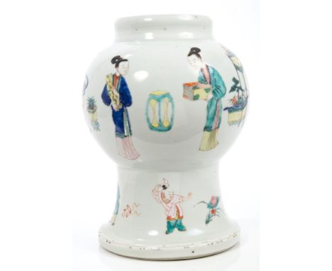 19th century Chinese famille verte vase of bulbous form, with bold polychrome enamel domestic scene decoration with figures a