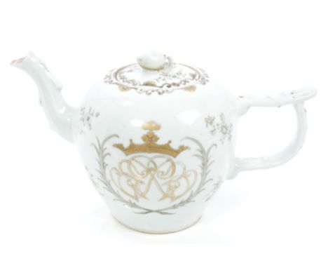 Mid-18th century Chinese export armorial teapot and cover with peach knop, painted gilt and grisaille crowned monogram within