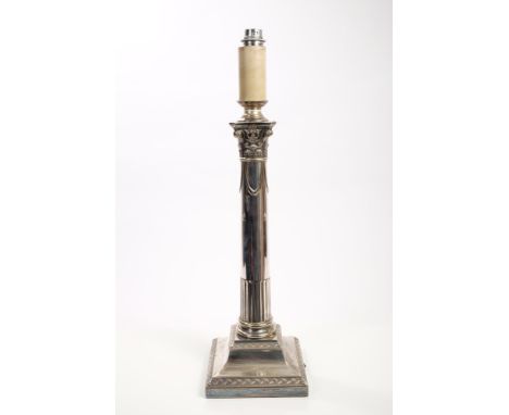 Victorian silver plated table lamp base in the form of a classical half-fluted column, with Corinthian-style capital, swag an