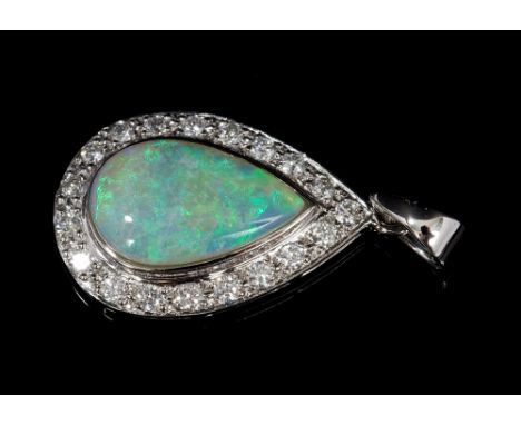 Opal and diamond pendant, the pear-shape cabochon opal measuring approximately 12mm x 7.5mm x 3mm, surrounded by a border of 