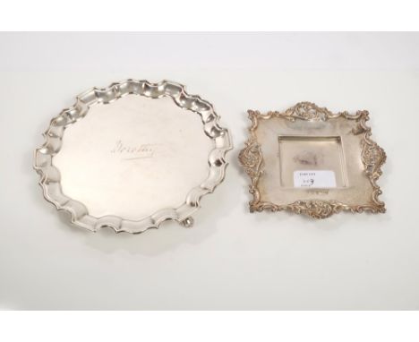 Edwardian silver card tray of circular form, with piecrust border and engraved - 'Dorothy', on three stylised shell feet (She
