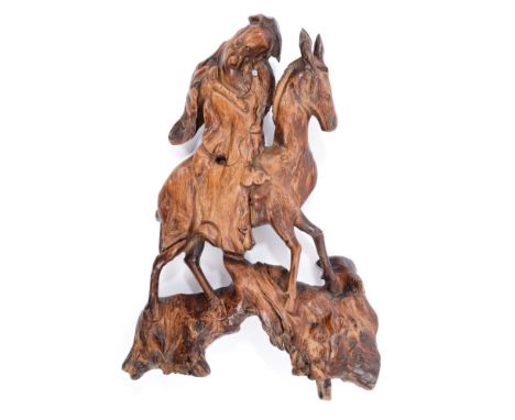 19th century Chinese carved root ornament of a scholar with scroll, on horseback, 31cm high CONDITION REPORT Good original or
