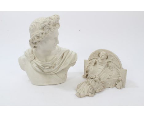 Victorian Parian classical bust of Apollo after C. Delpech, with an associated Parian wall bracket with winged putto and flor