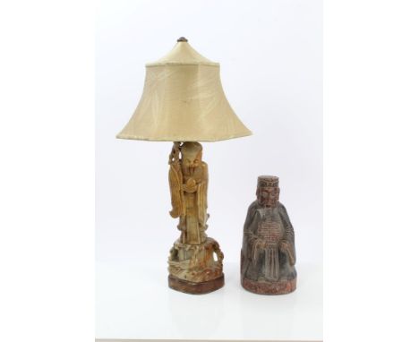 Late 19th century Chinese carved soapstone figure of Shao Lao holding a staff and peach, converted to electric lamp with pago