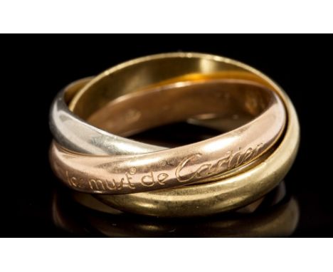 Cartier-a Les Must de Cartier 'Trinity' ring, the three-colour triple band ring, signed - Cartier.  Ring size approximately K
