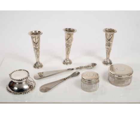 Selection of miscellaneous Victorian and Edwardian silver - including three spill vases of tapering form, with embossed decor