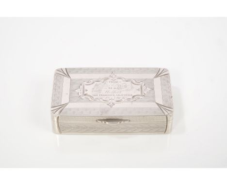 Interesting 19th century American silver snuff box of rectangular form, with lines of engine-turned decoration, silver gilt i