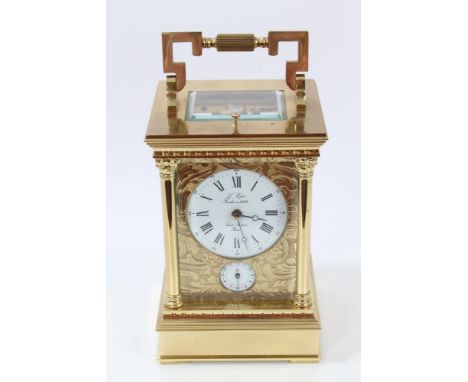 Fine quality contemporary carriage clock with French eight day repeat / alarm movement and lever escapement striking on a gon