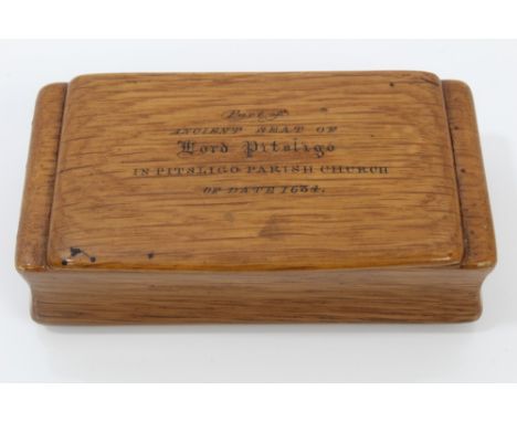 Victorian oak rectangular snuff box inscribed on lid 'Part of Ancient Seat of Lord Pitsligo in Pitsligo Parish Church of date