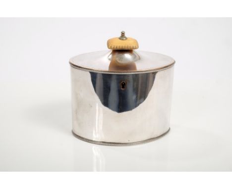 Early 19th century silver plated locking tea caddy of oval form, with bead borders and hinged domed cover with ivory finial (