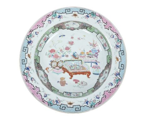 Large 18th century Chinese export basin dish, circa 1735, painted in famille rose palette with throne chair, other furniture 