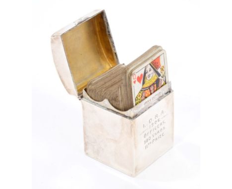 Late Victorian silver card box of square form, with hinged domed cover and engraved - 'L. D. R. A. 1906 Officers 500 Yards 11